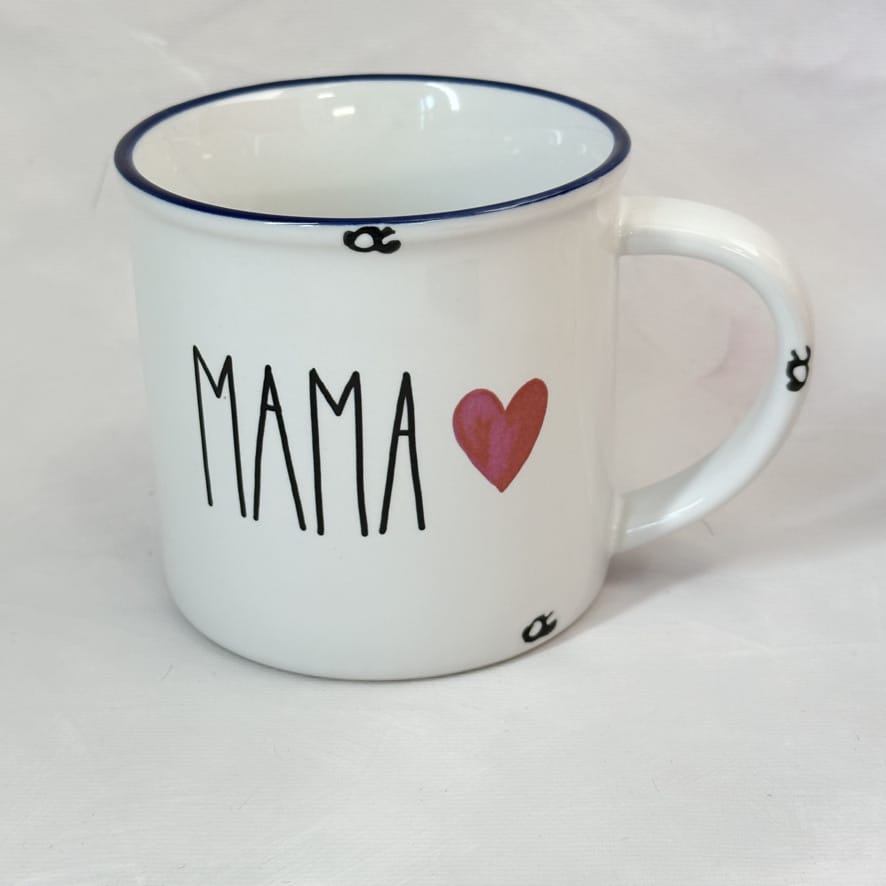 Keramiktasse im Emaille-Look, mit Mama beschriftet, mit blauem Rand Größe 1:10x10cm