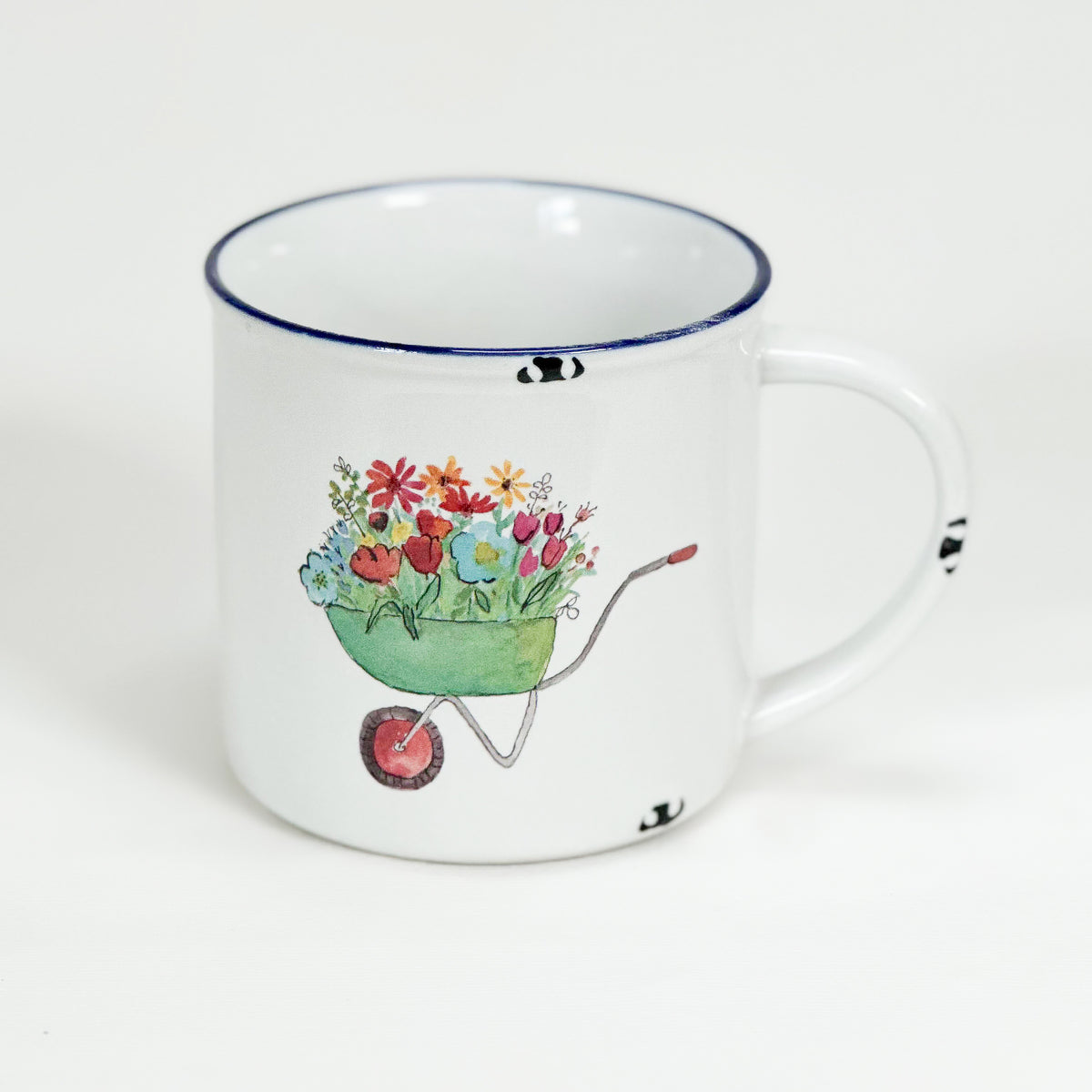 Keramiktasse Emaillelook mit blauem Rand, Schubkarre mit Blumen, Gartenliebe, Größe 1: 10x10cm - Bild 1