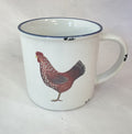Keramiktasse Emaillelook mit blauem Rand  und einer Henne, Größe 1: 10x10cm