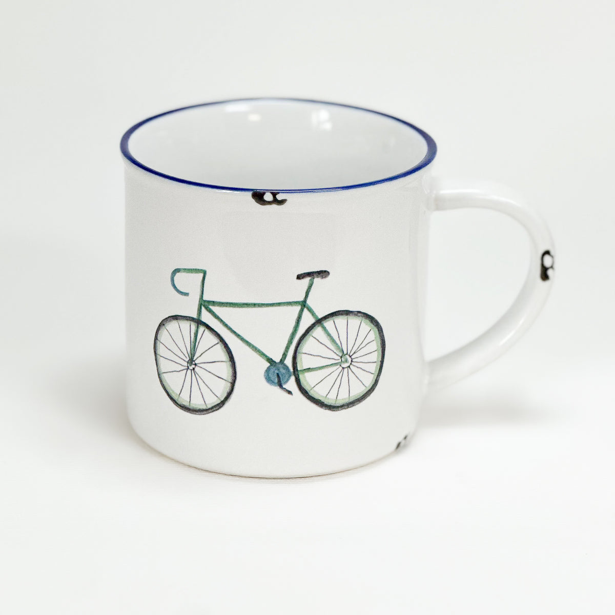 Keramiktasse im Emaille-Look mit blauem Rand und einem Fahrrad , Rennrad, Größe 1: 10x10cm - Bild 1