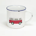 Keramiktasse Emaillelook mit blauem Rand und einem Auto, VW Bus rot, Autotasse, Männertasse, Größe 1: 10x10cm - Bild 1