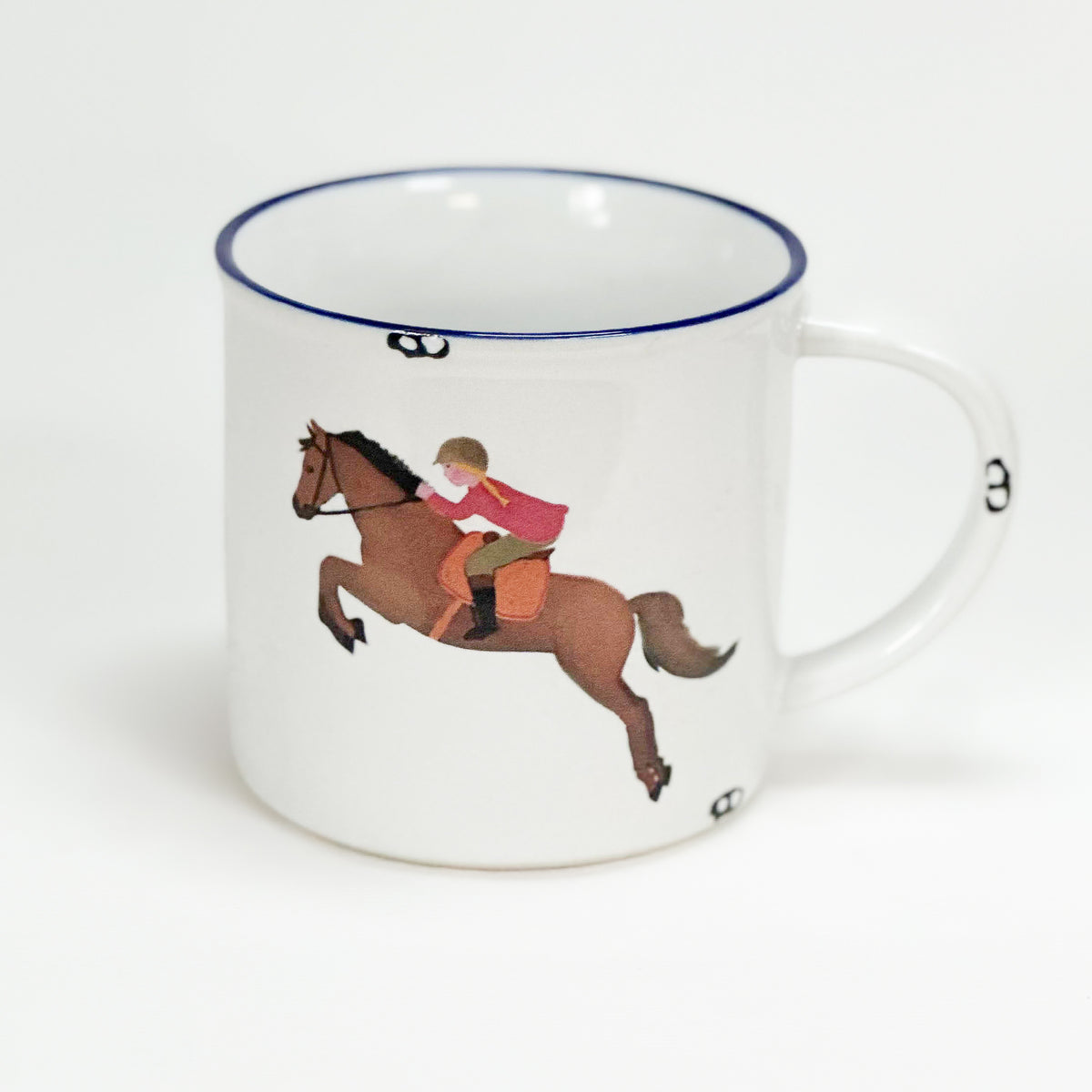 Keramiktasse im Emaille- Look mit einer Reiterin, Pferd, vintage,  Größe 1: 0,46l - Bild 1