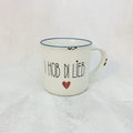 Keramiktasse im Emaille-Look mit blauem Rand, " I hob di lieb" Größe 2: 8x8 cm