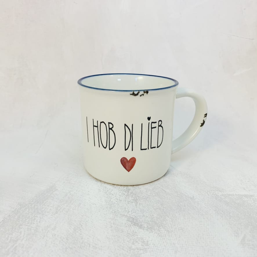 Keramiktasse im Emaille-Look mit blauem Rand, " I hob di lieb" Größe 2: 8x8 cm