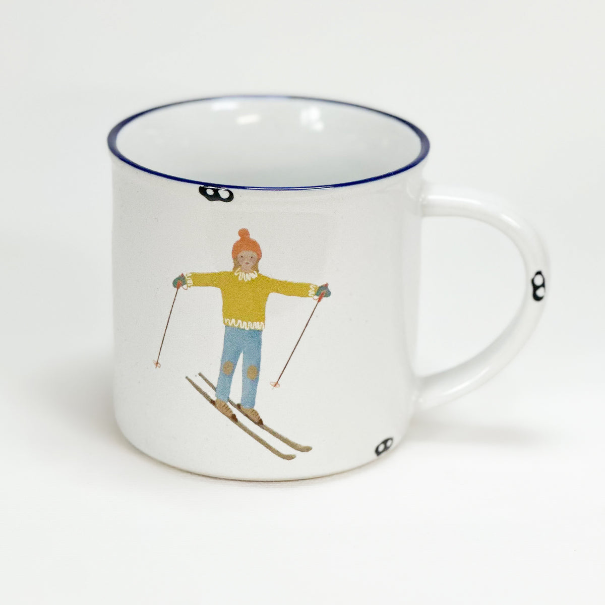 Keramiktasse im Emaille- Look, 460 ml,  mit Schifahrein im gelben Pullover - Bild 1