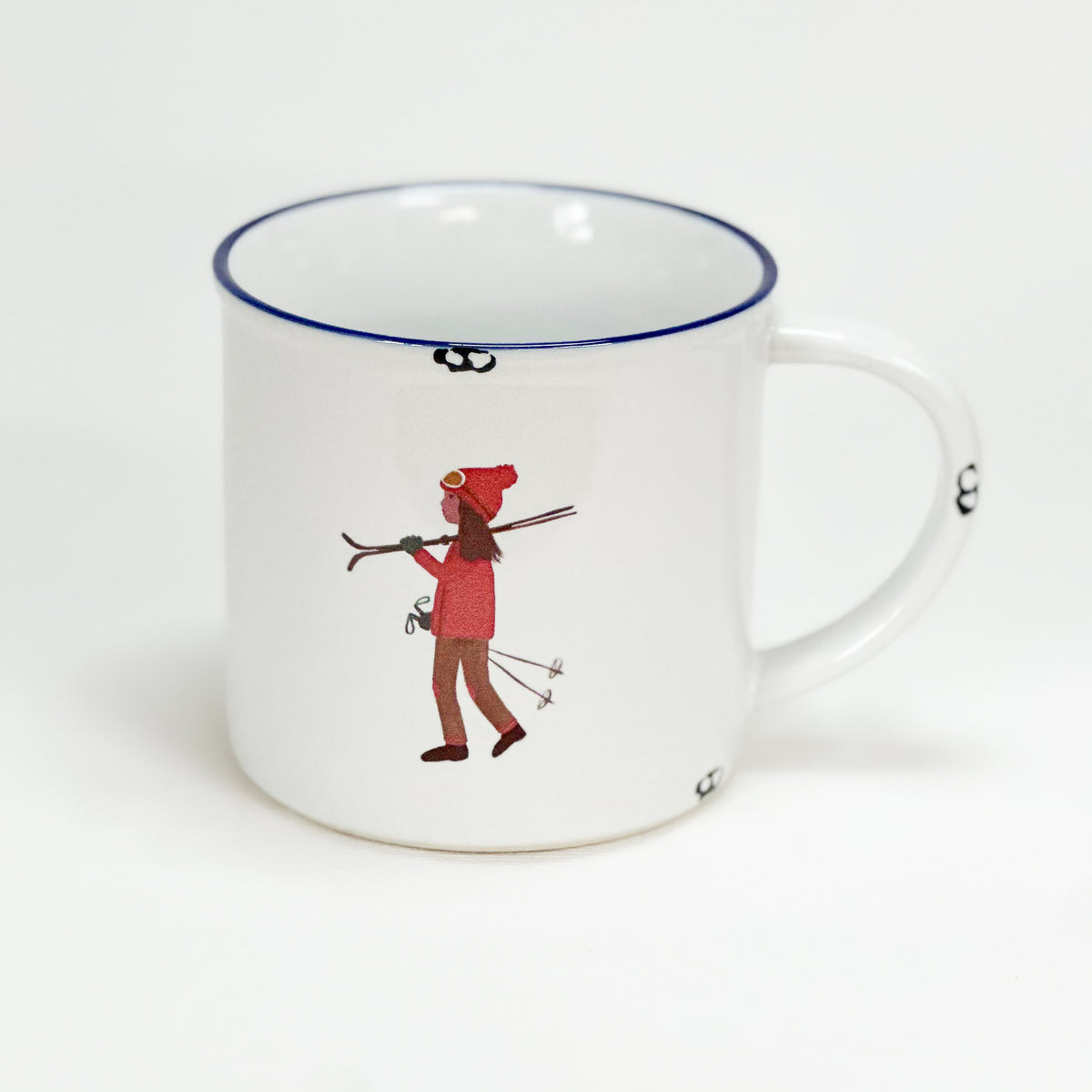 Keramiktasse im Emaille- Look, 460 ml, mit Mädel mit Schiern auf dem Rücken - Bild 1