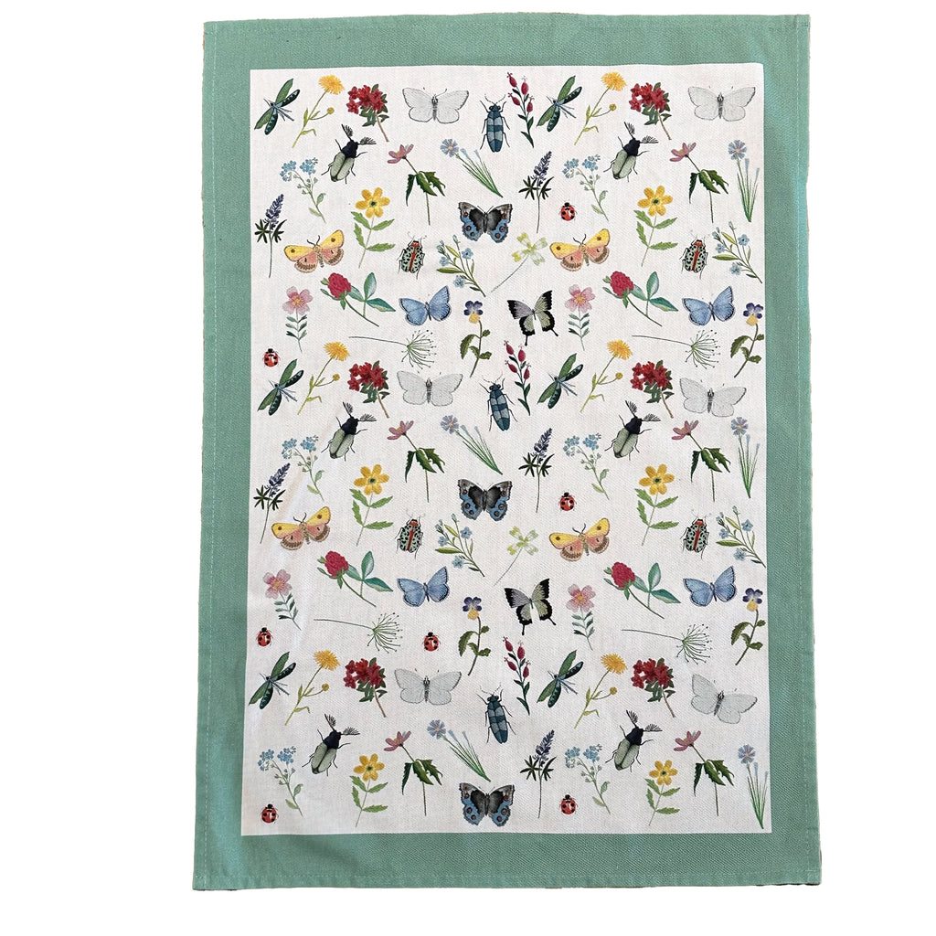 Geschirrtuch mit Blumen, Schmetterlingen und Käfern
