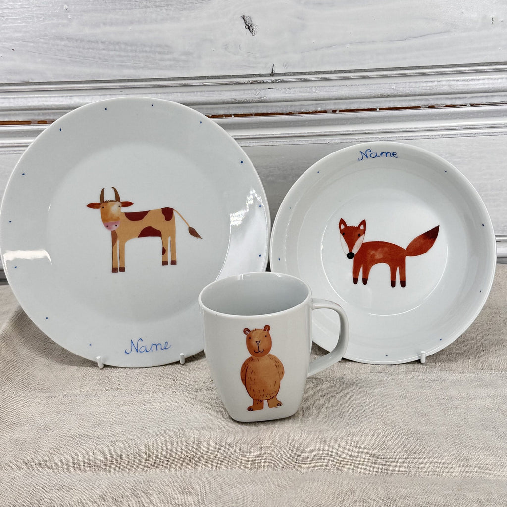 Produkt mit Kindergeskirr mit Tieren, Kindergeskirr mit Tieren, Produkt, Winterkollektion, Barbara's Porzellanwerkstatt